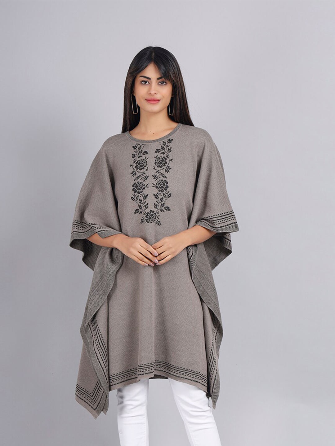 

KEIKO Floral Yoke Design Acrylic Jacquard Kaftan Kurti, Grey