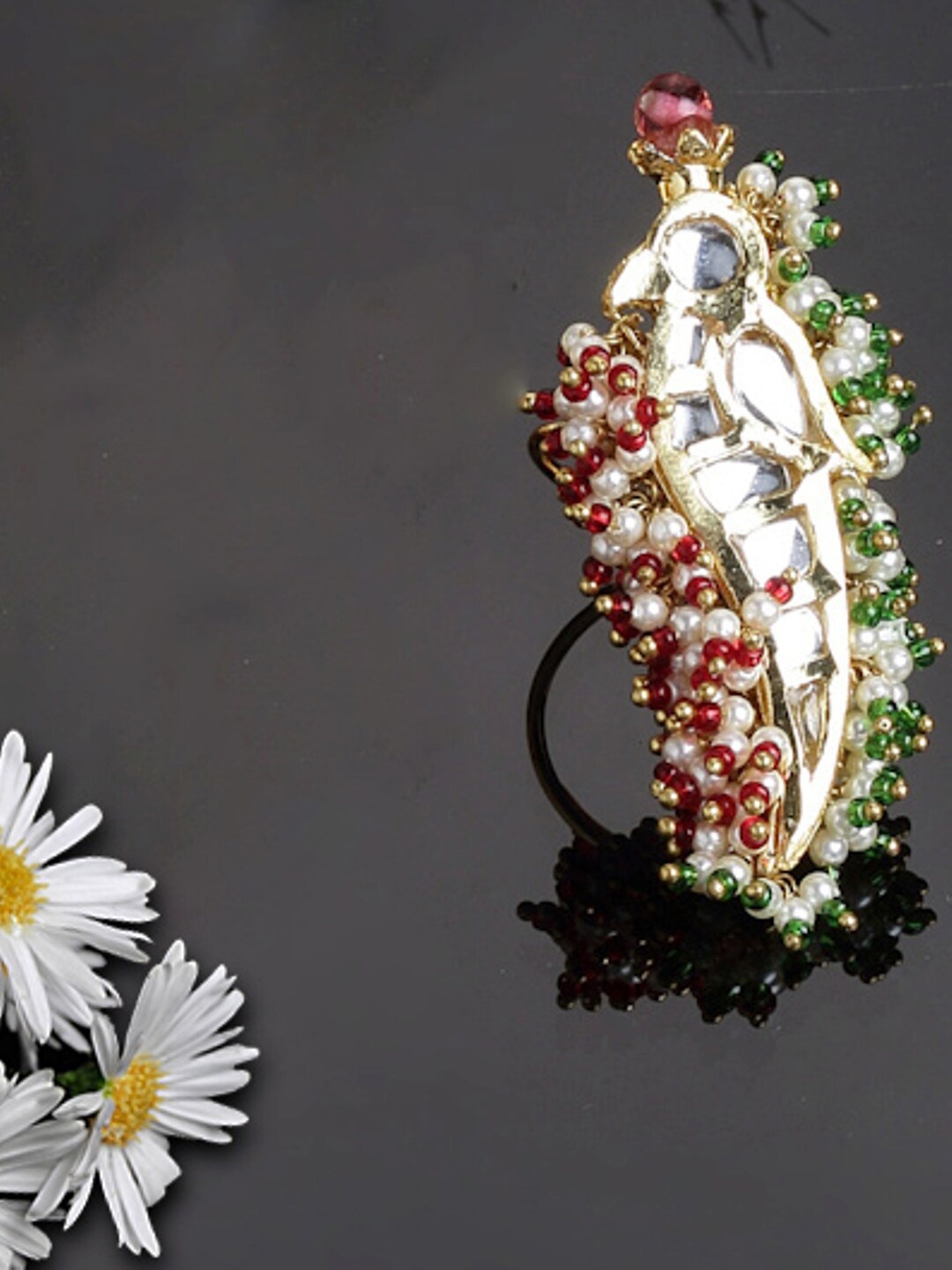

DUGRISTYLE Gold-Plated Kundan-Studded & Pearl Beaded Adjustable Finger Ring