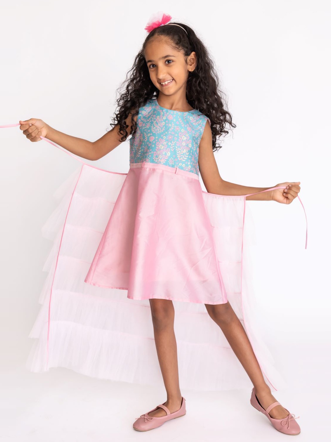 

A Little Fable Floral Printed Layered Net Fit & Flare Dress, Pink