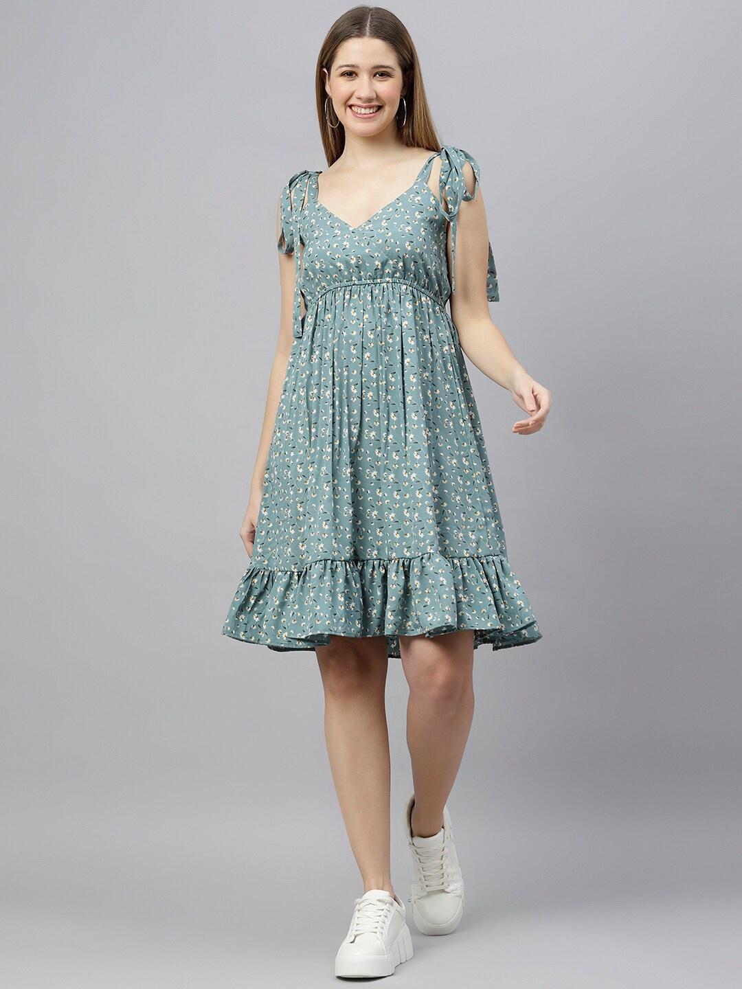 

FLAMBOYANT Floral Printed V-Neck Fit & Flare Dress, Green