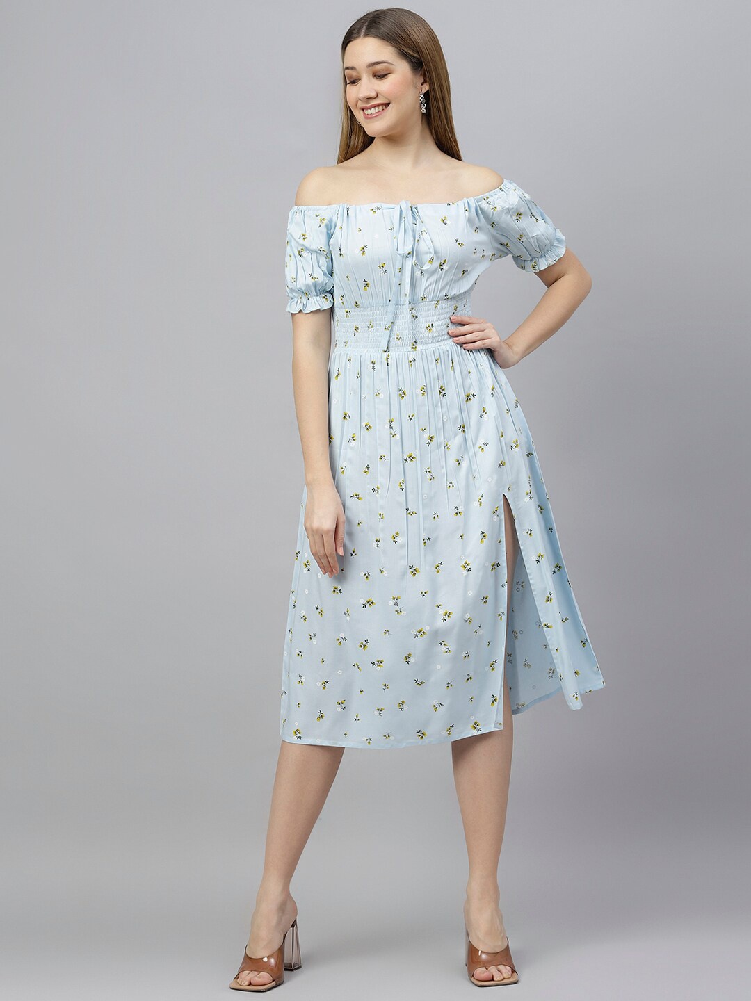 

FLAMBOYANT Floral Printed Smocked Off-Shoulder A-Line Midi Dress, Blue