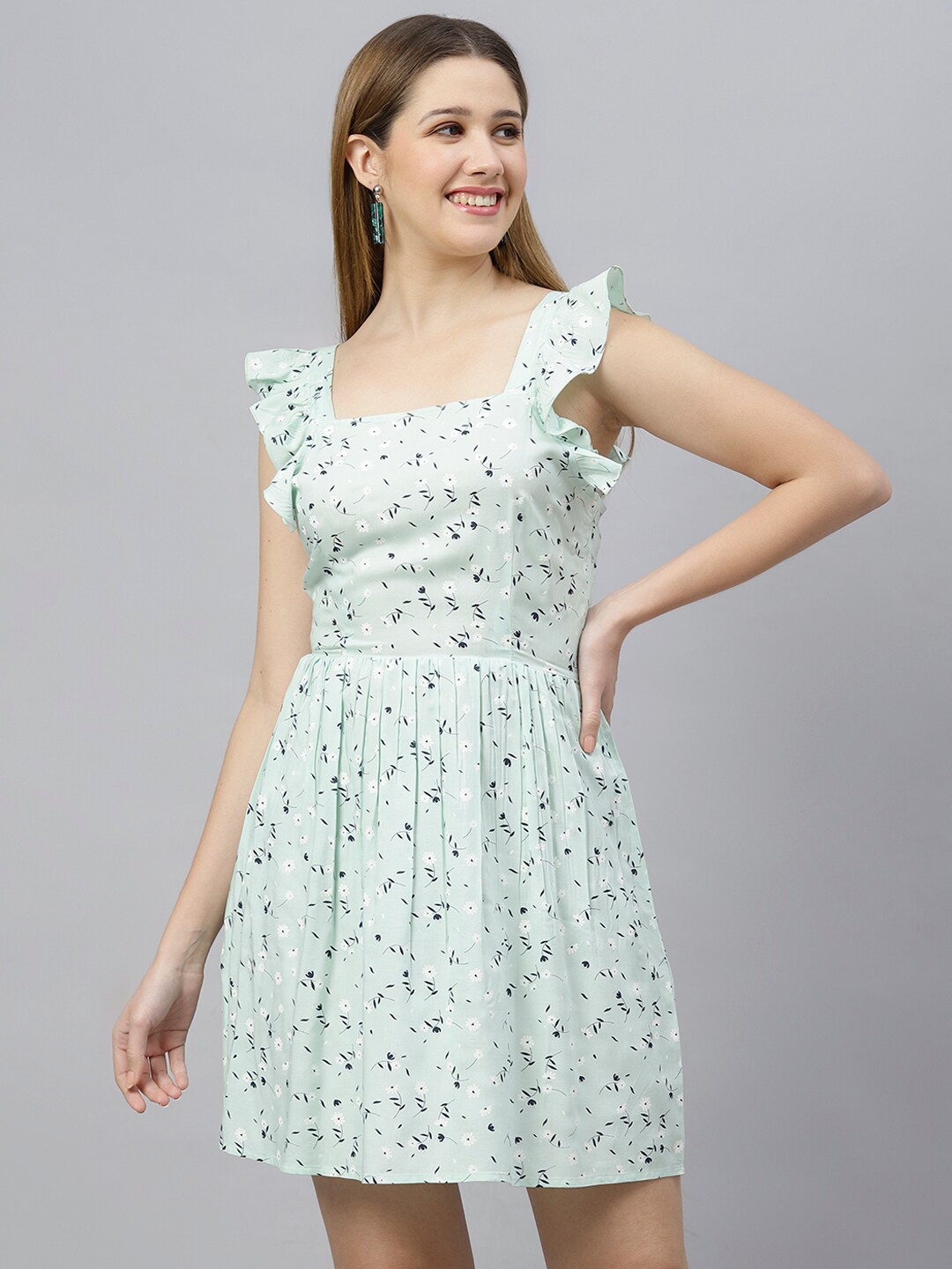 

FLAMBOYANT Floral Printed Flutter Sleeves Fit & Flare Dress, Sea green