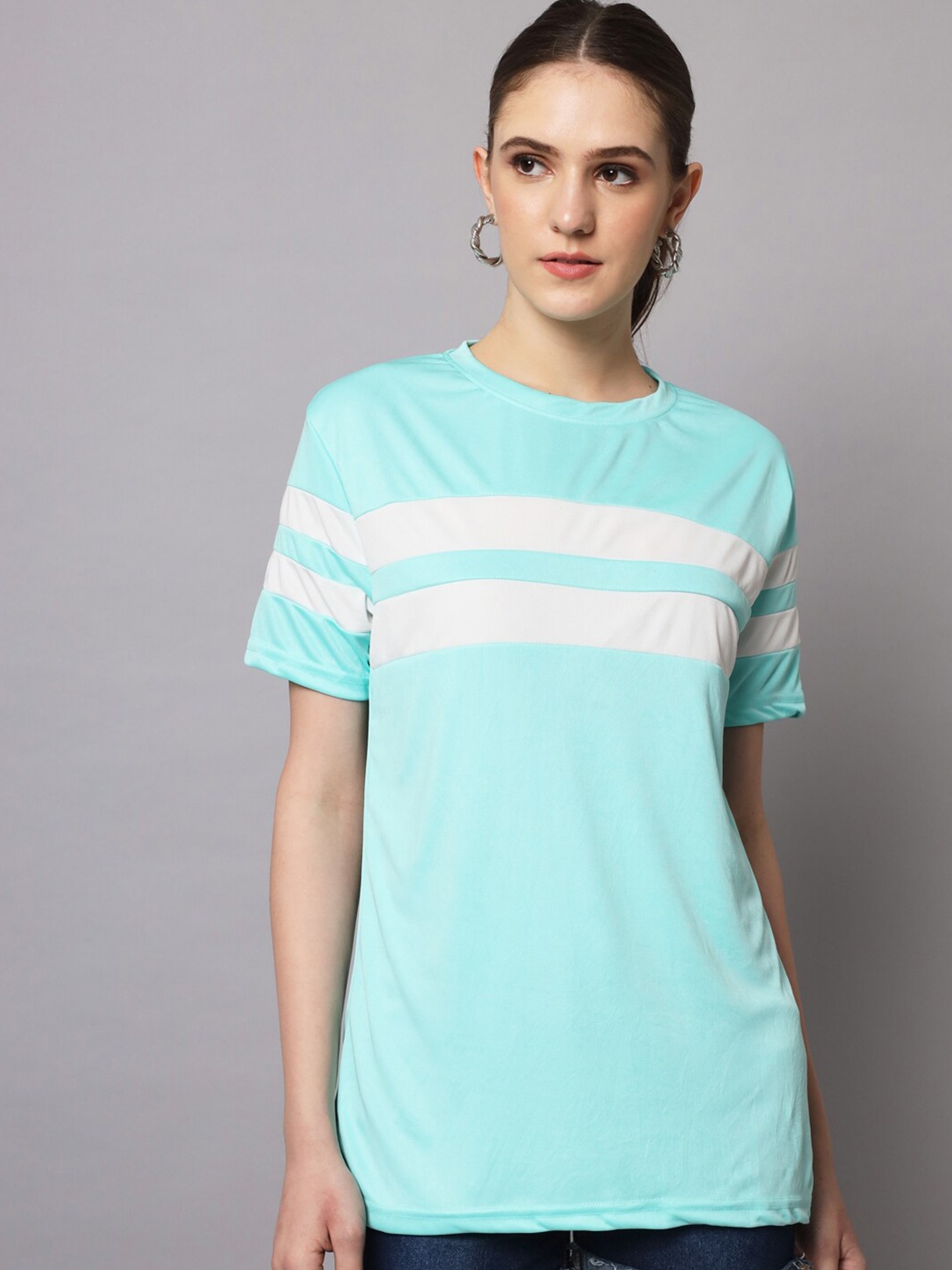 

Rodzen Women Striped Loose Cotton T-shirt, Turquoise blue