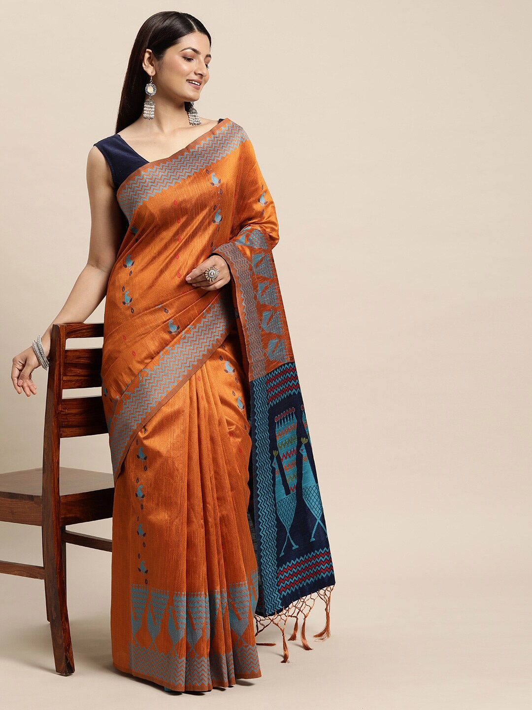 

AYKA CLOTHINGS Paisley Kanjeevaram Saree, Rust