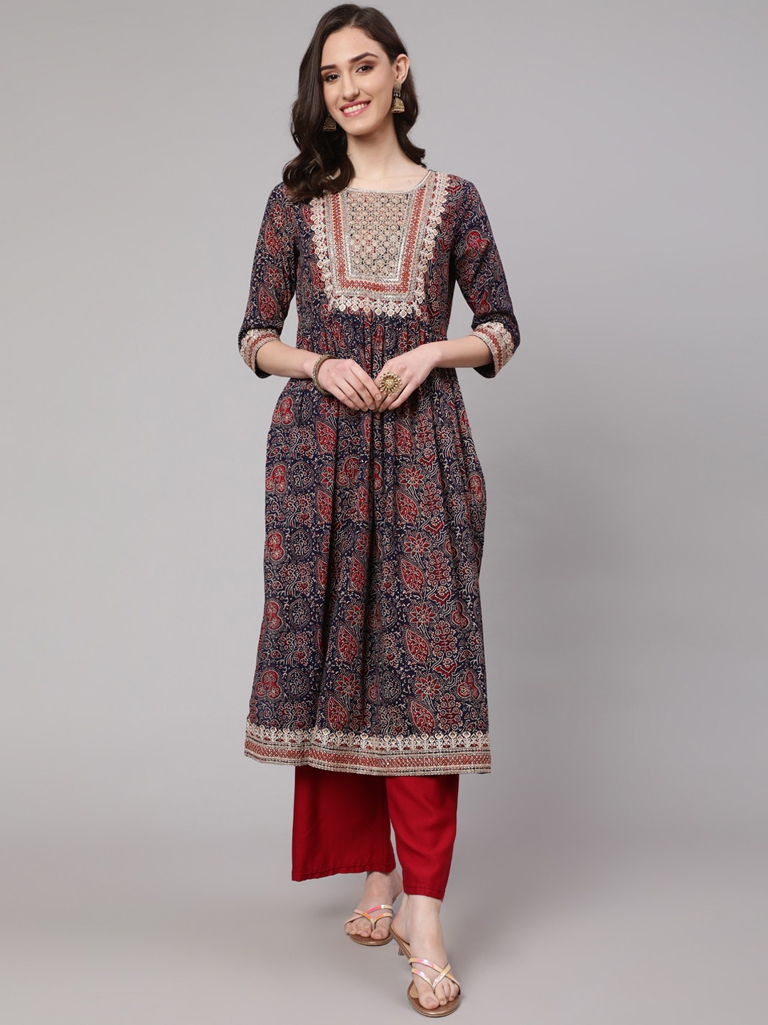 

Nehamta Ethnic Motifs Printed Cotton Kurta, Navy blue