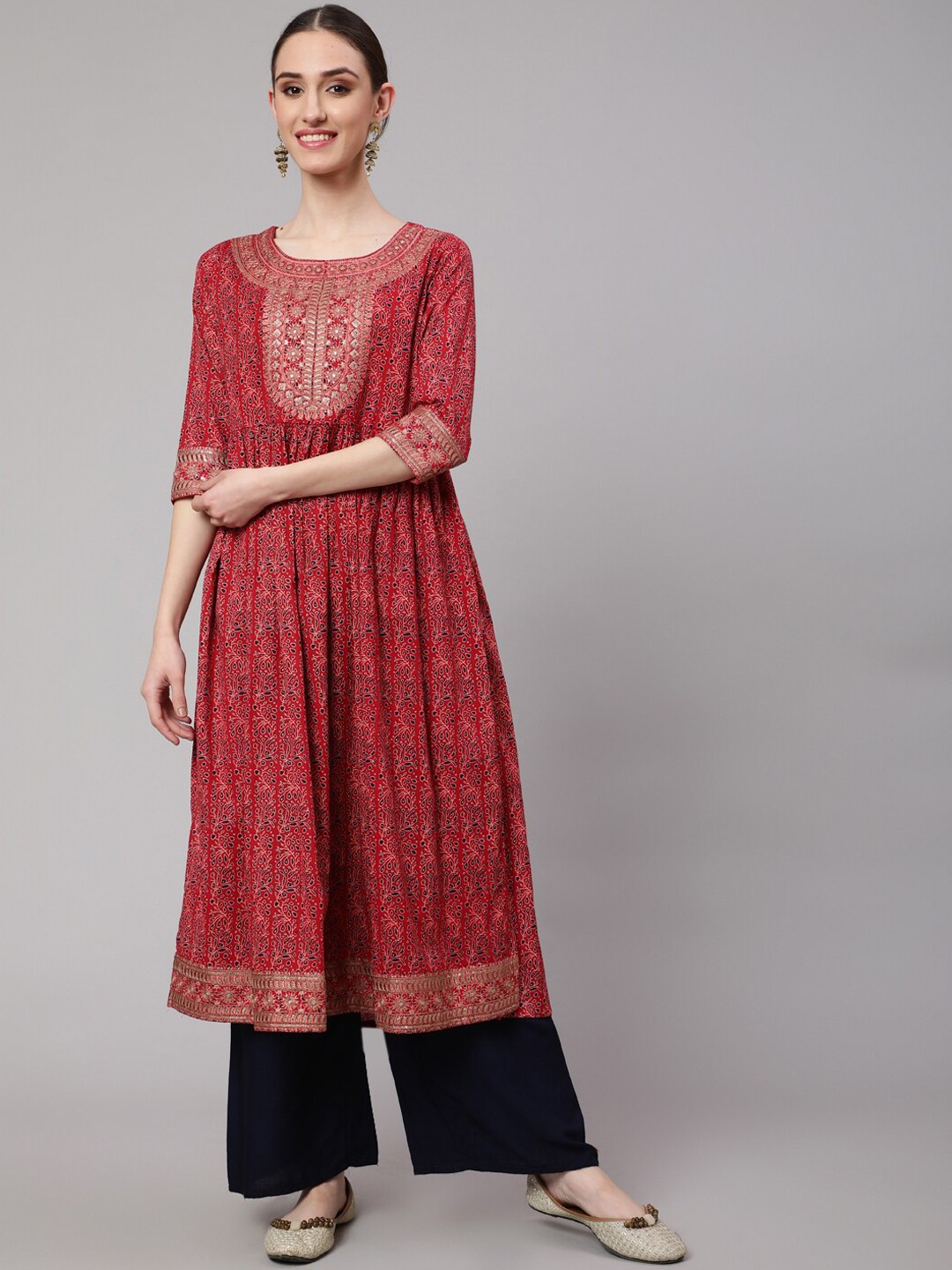 

Nehamta Women Ethnic Motifs Printed Anarkali Cotton Kurta, Maroon