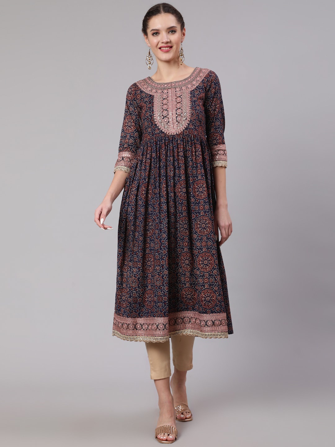 

Nehamta Women Ethnic Motifs Printed Anarkali Cotton Kurta, Navy blue