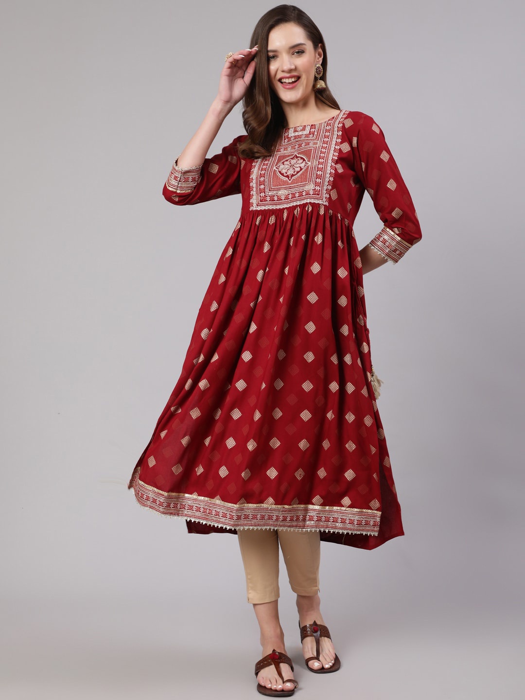 

Nehamta Paisley Yoke Design Block Print Anarkali Kurta, Maroon