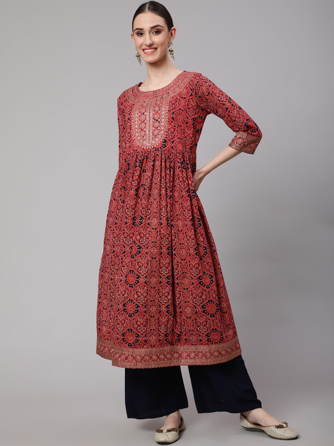 

Nehamta Women Ethnic Motifs Printed Anarkali Cotton Kurta, Rust