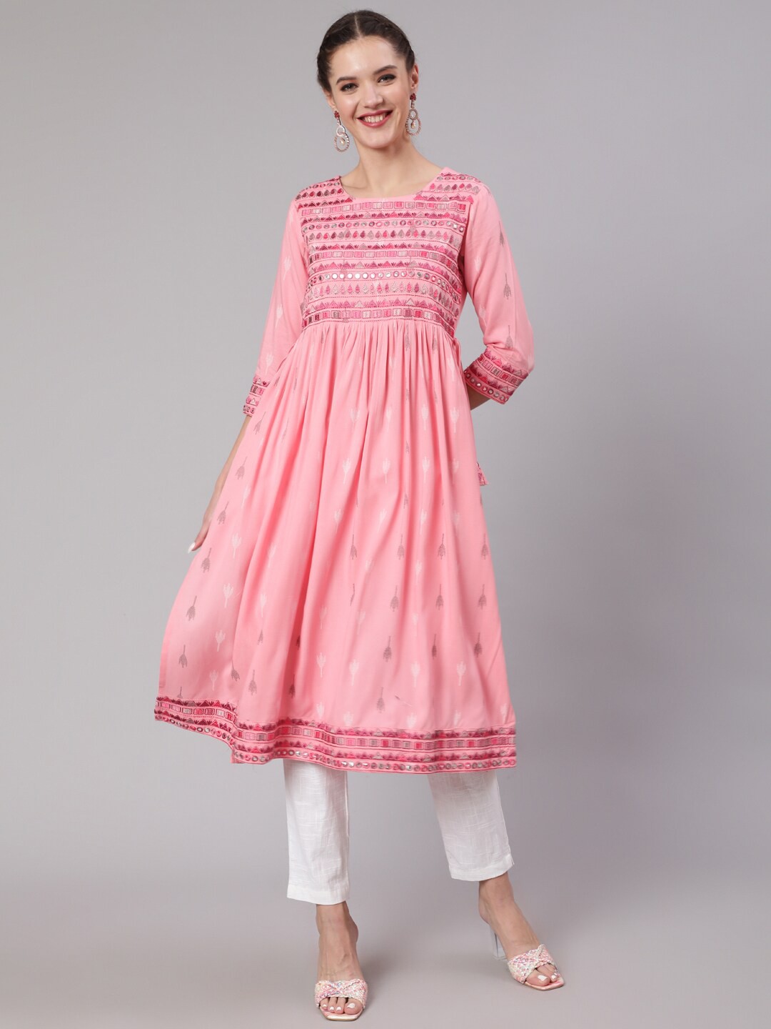 

Nehamta Women Ethnic Motifs Printed Thread Work Anarkali Kurta, Pink