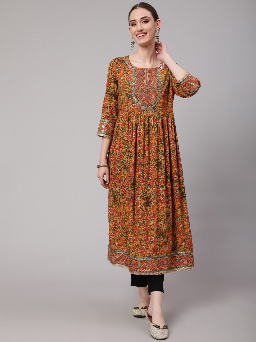 

Nehamta Women Floral Printed Mirror Work Anarkali Kurta, Mustard