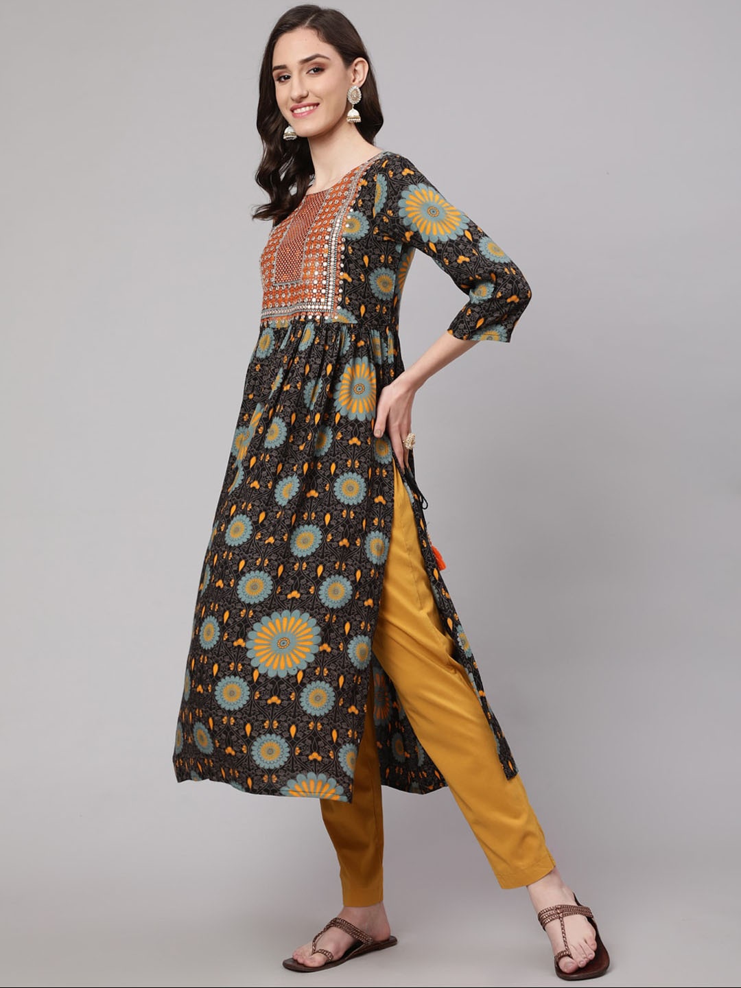 

Nehamta WomenFloral Printed Mirror Work Anarkali Kurta, Black