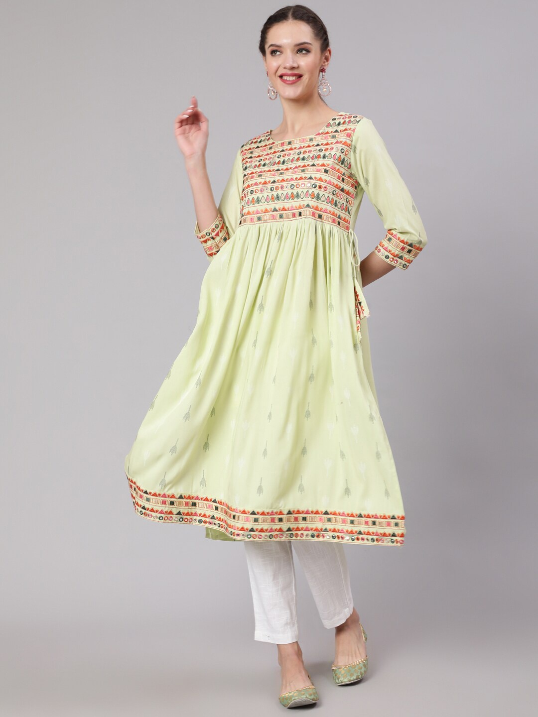 

Nehamta Women Floral Printed Mirror Work Anarkali Kurta, Lime green