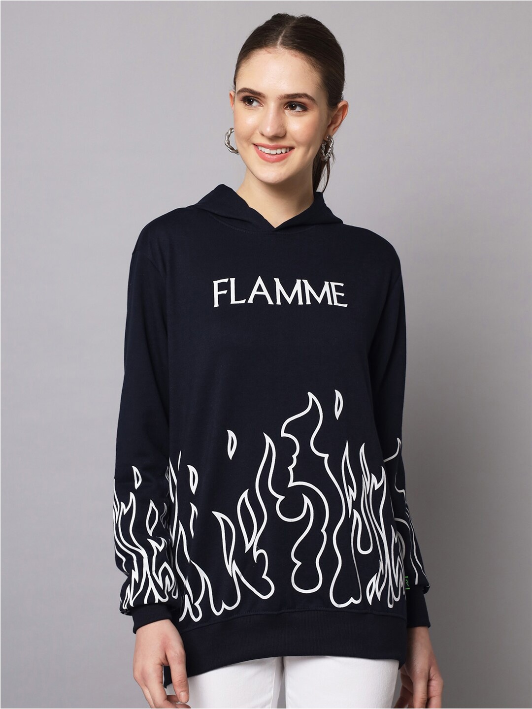 

Rodzen Women Printed Hooded Sweatshirt, Navy blue
