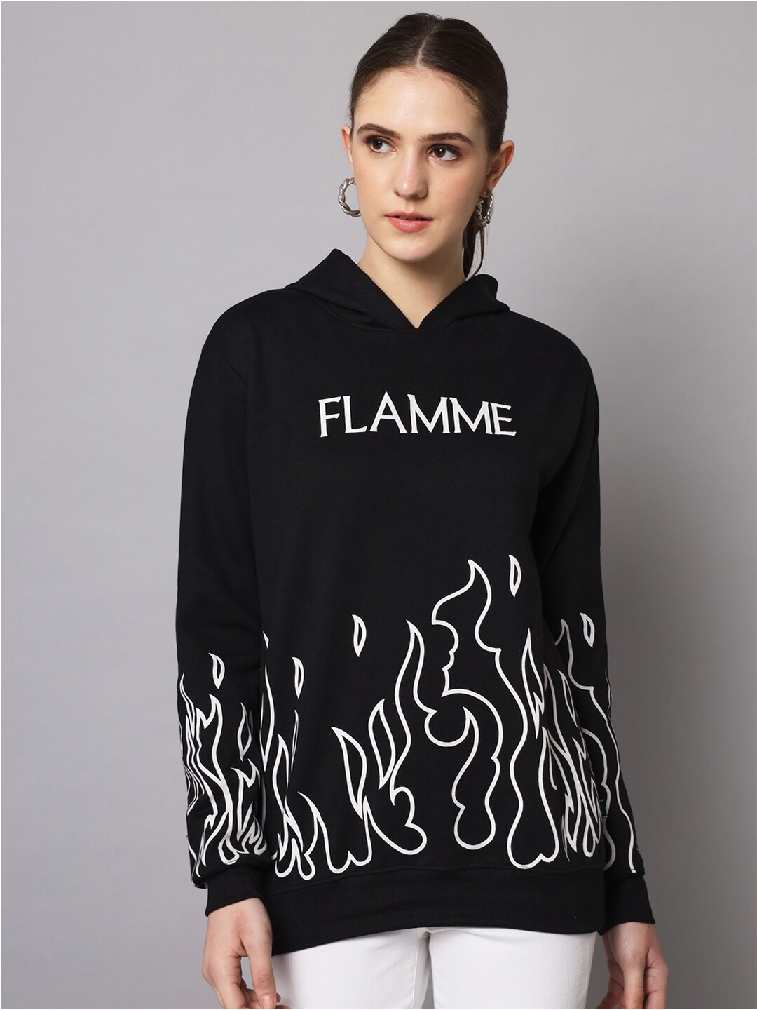 

Rodzen Women Black Printed Hooded Sweatshirt