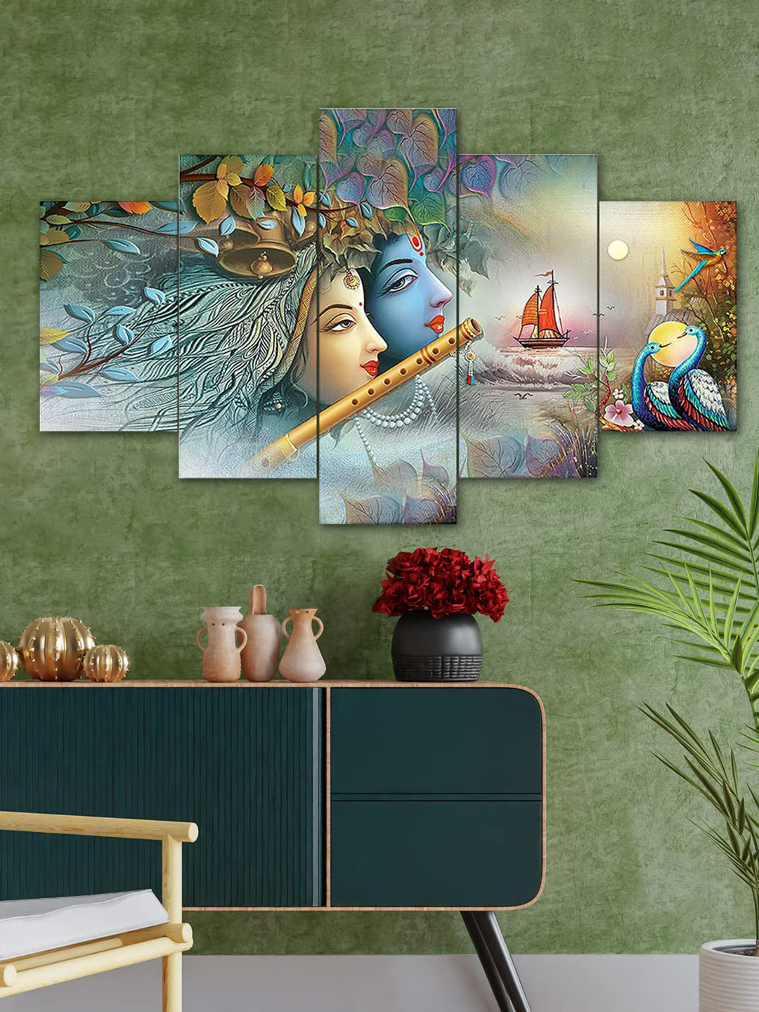 

Perpetual Blue 5-Pieces Radha Krishna Printed Framed Wall Art, Multi