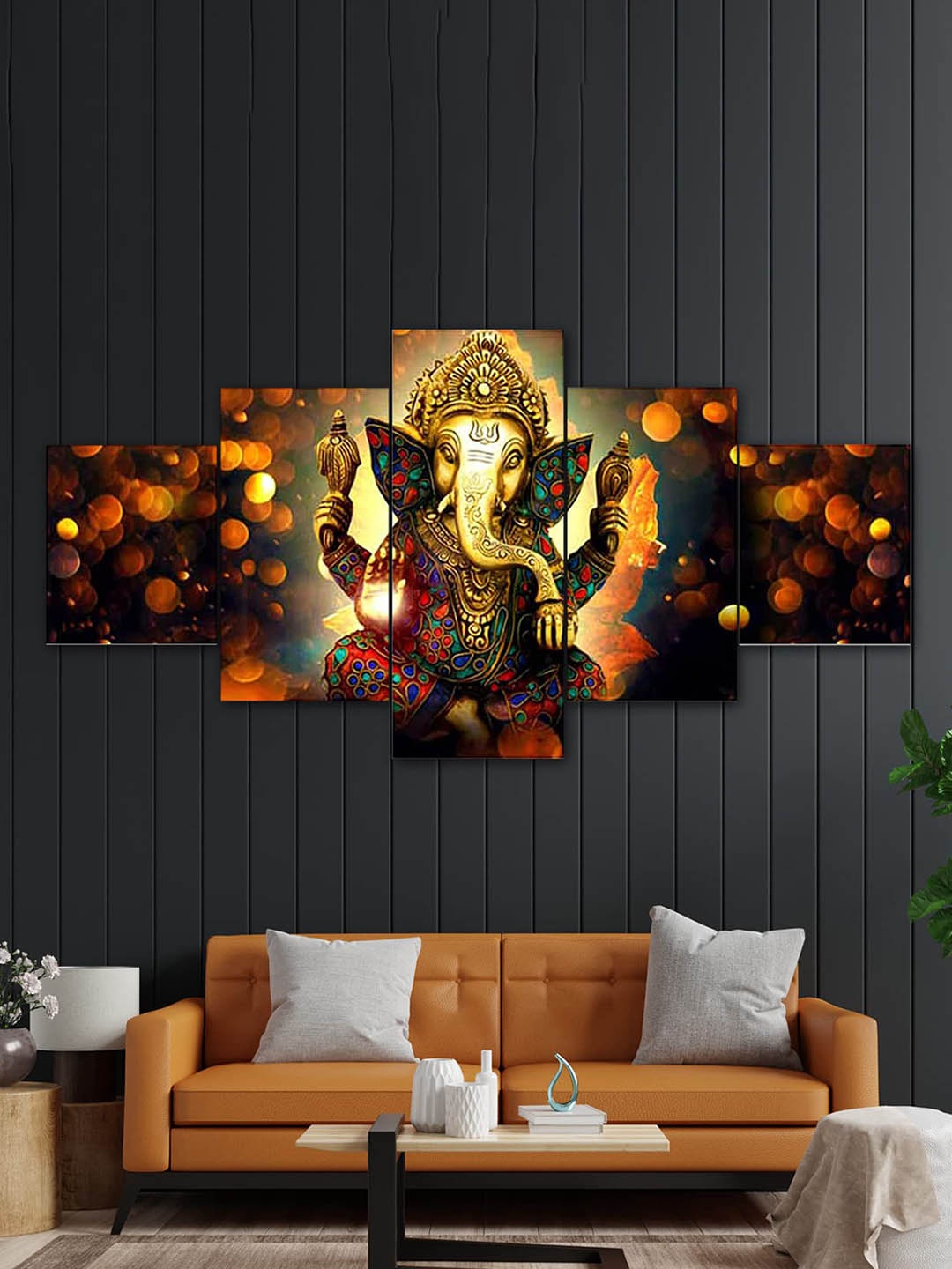 Perpetual Yellow 5-Pieces Ganesha 3d Scenery Printed Framed Wall Art