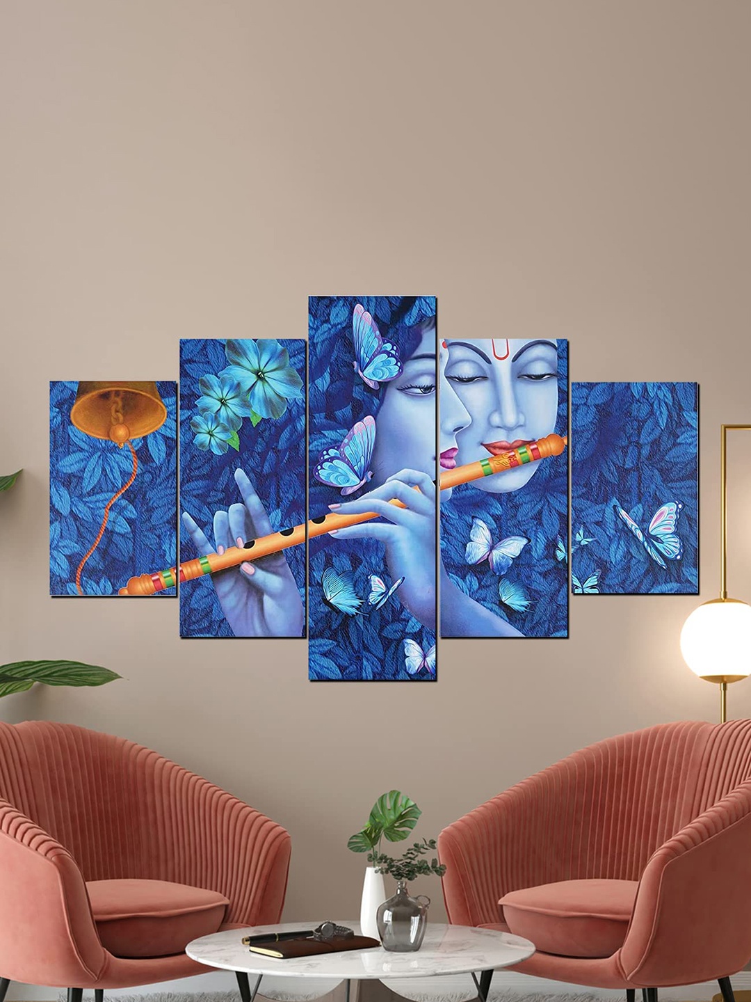 

Perpetual Blue 5-Pieces Radha Krishna Painting 3d Scenery Printed Framed Wall Art