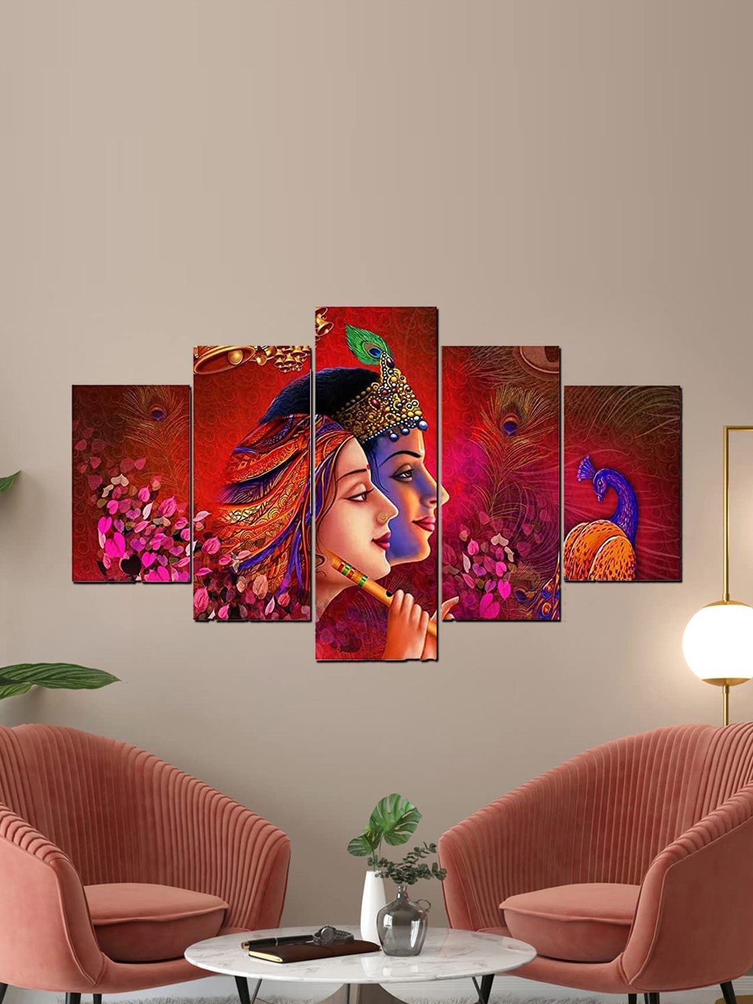

Perpetual Red 5-Pieces Radha Krishna Printed Framed Wall Art