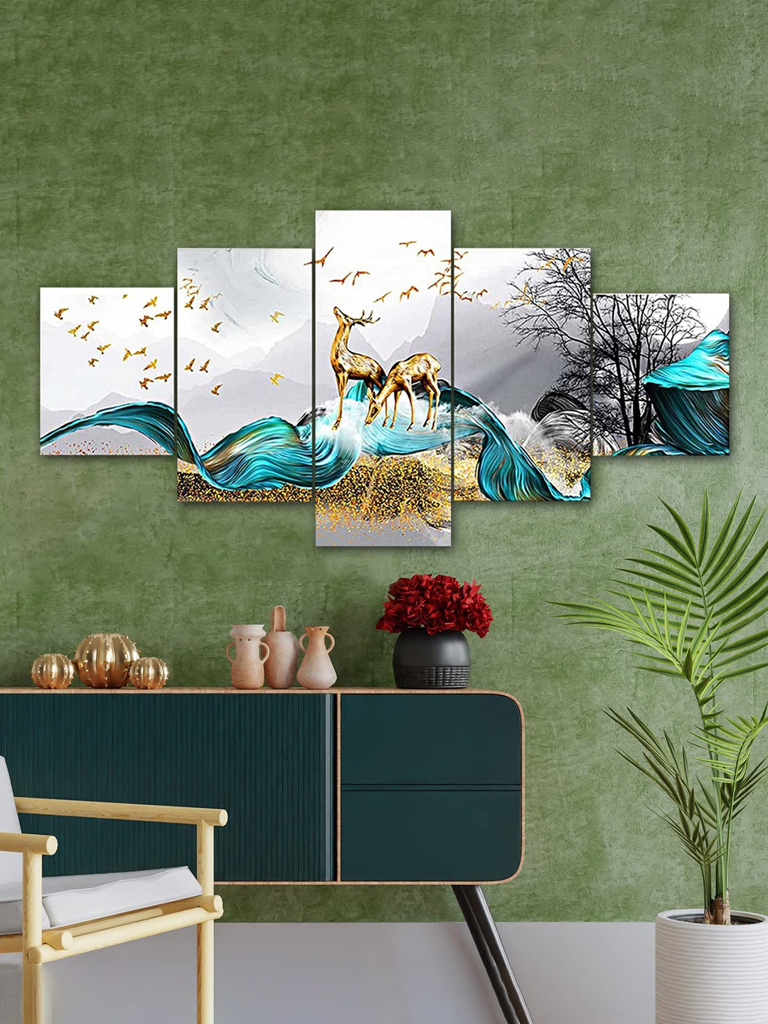 

Perpetual Multicolored Set Of 5 Deer 3d Scenery Painting Wall Art, Multi