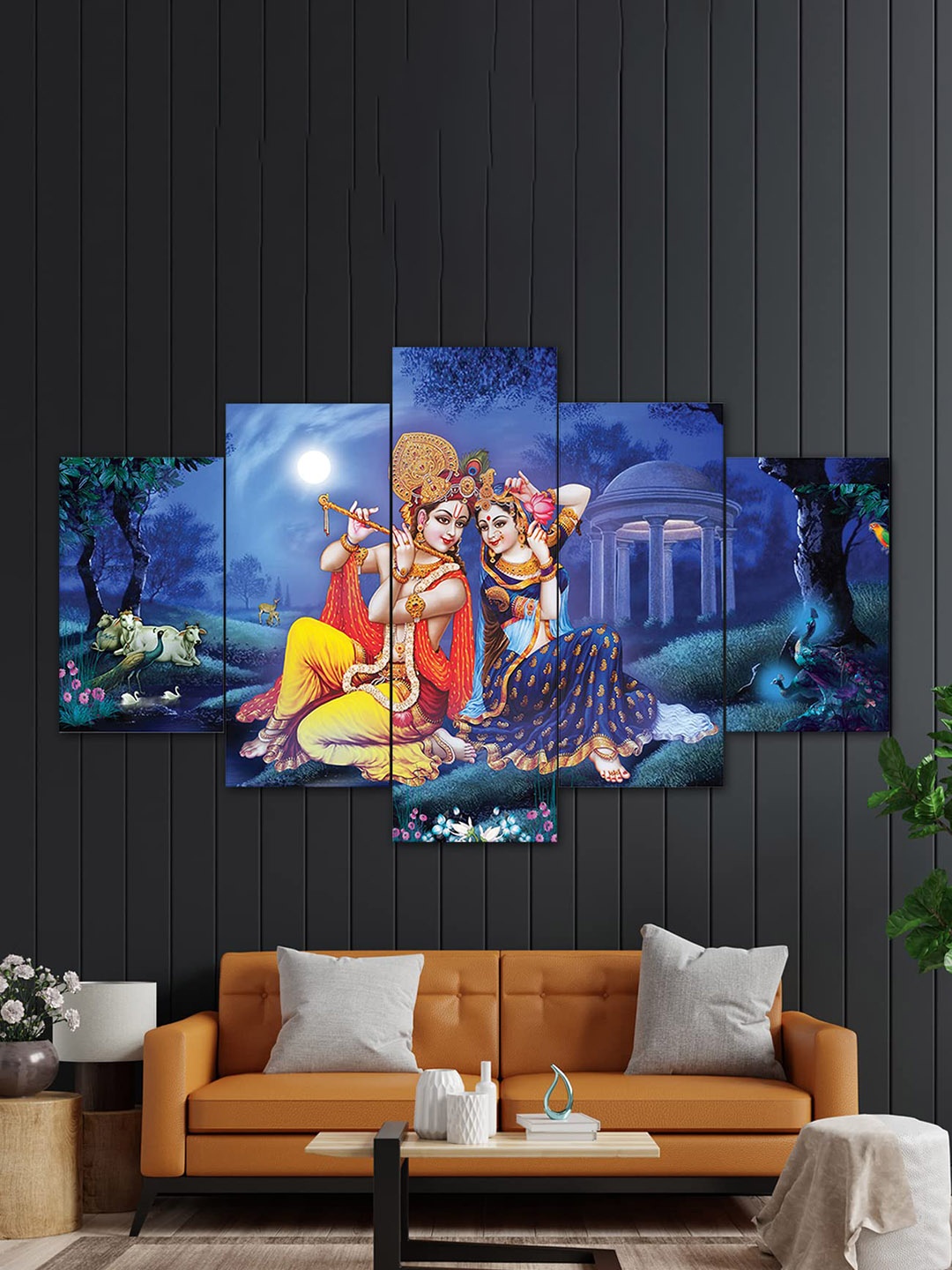 Perpetual Blue & Orange 5-Pieces Radha Krishna Printed Framed Wall Art