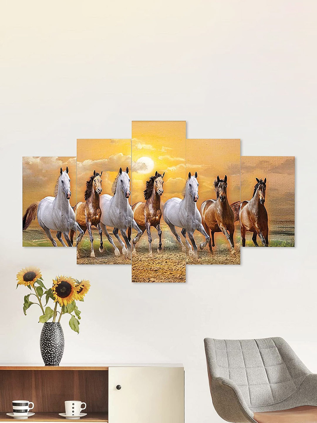 Perpetual White & Yellow Set Of 5 Seven Running Horse 3d Scenery Painting Wall Art