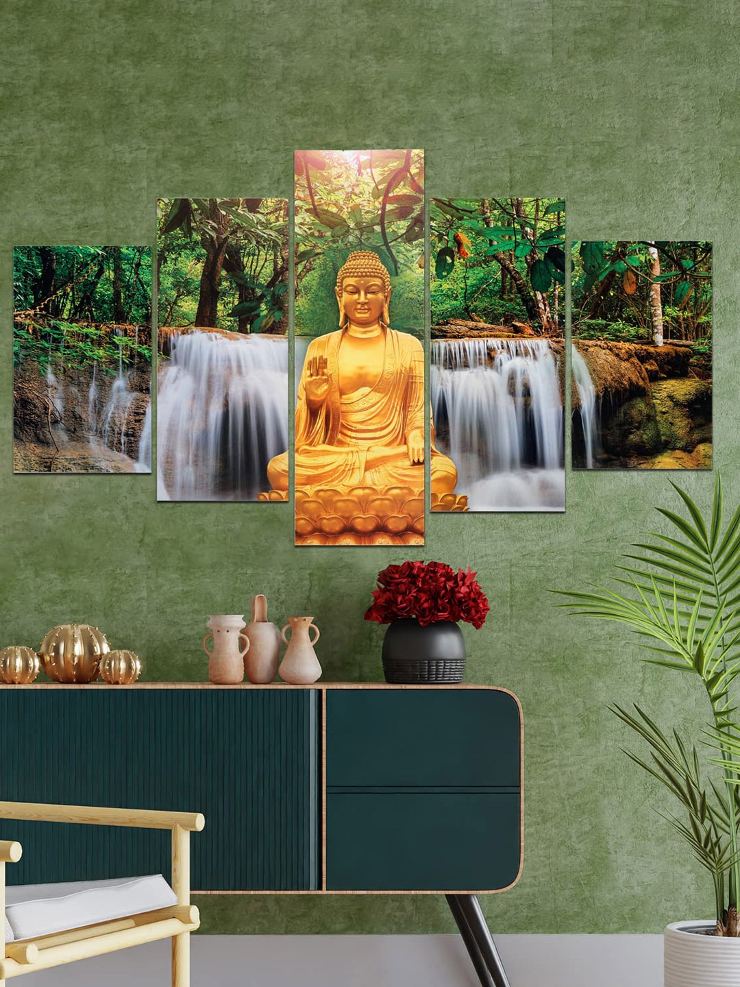 Perpetual Yellow 5-Pieces Buddha Painting 3d Scenery Printed Framed Wall Art