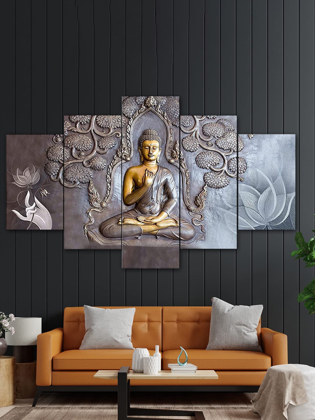Perpetual Grey 5-Pieces Buddha Printed Framed Wall Art, Gold
