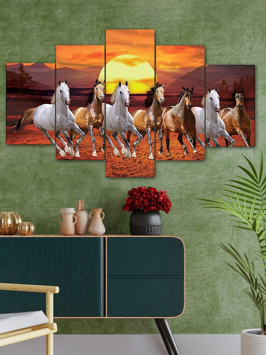 Perpetual Set Of 5 Seven Runinmg Horse Painting 3d Scenery Wall Art, Yellow
