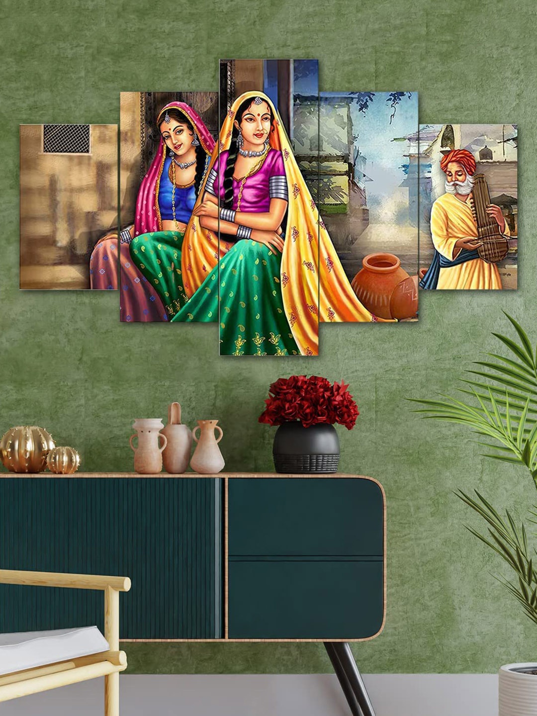 

Perpetual Green & Blue Set Of 5 Rajasthani Village 3d Scenery Painting Wall Art
