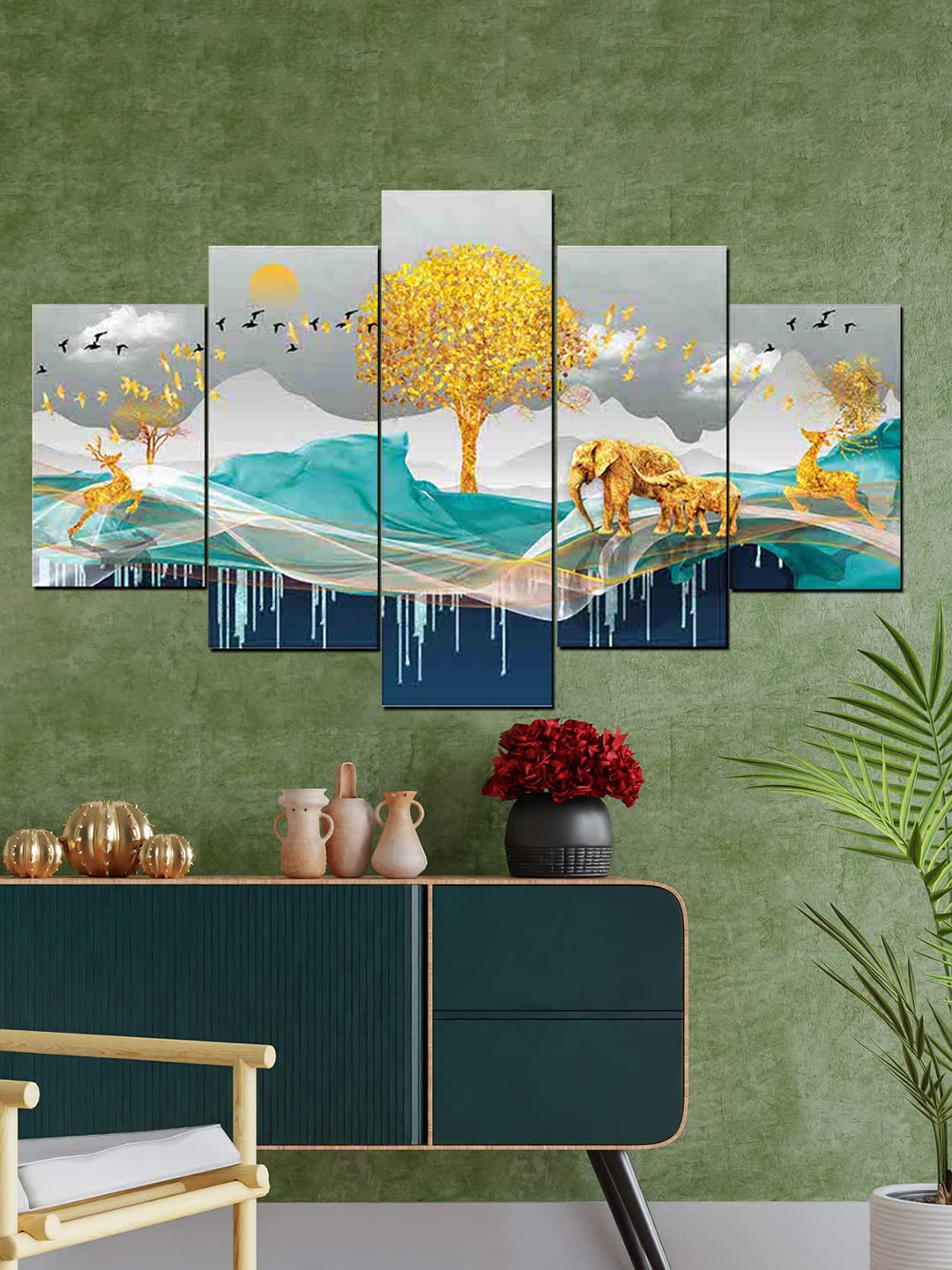 Perpetual Yellow Set Of 5 Deer Painting 3d Scenery Wall Art