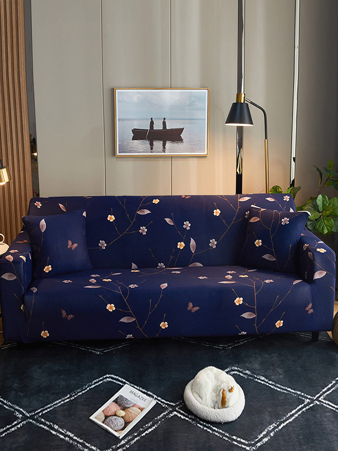 

HOUSE OF QUIRK Blue Floral Printed Stretchable 4-Seater Sofa Slipcover