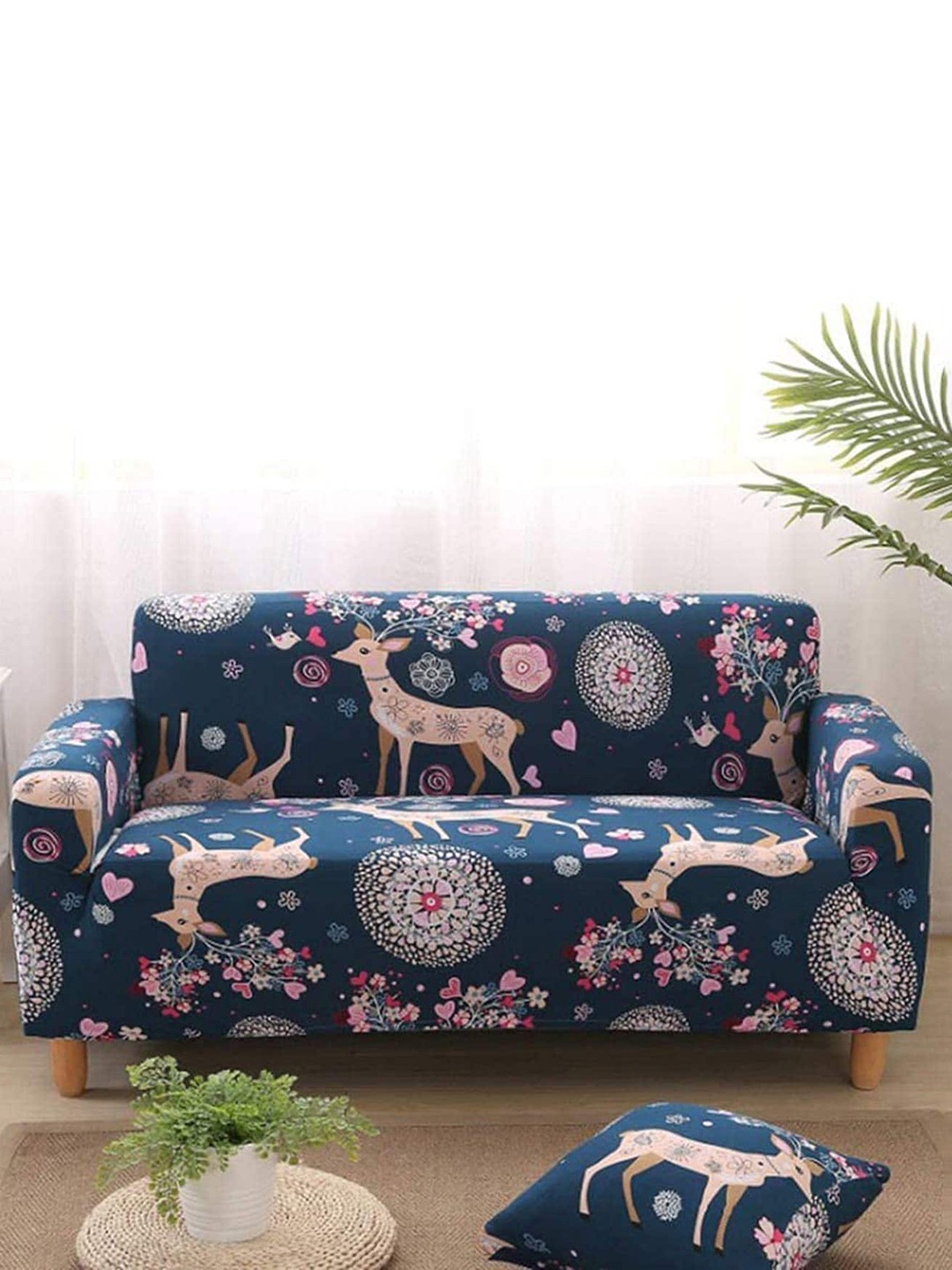 

HOUSE OF QUIRK Universal Blue & Pink Printed 4-Seater Sofa Slipcovers