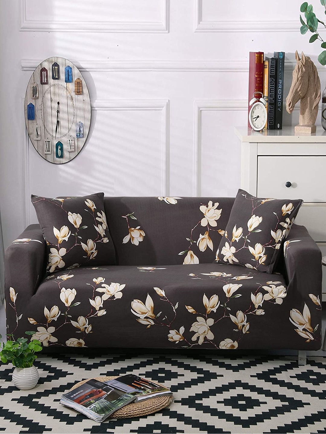 

HOUSE OF QUIRK Universal Brown & Cream Printed 4-Seater Sofa Slipcover