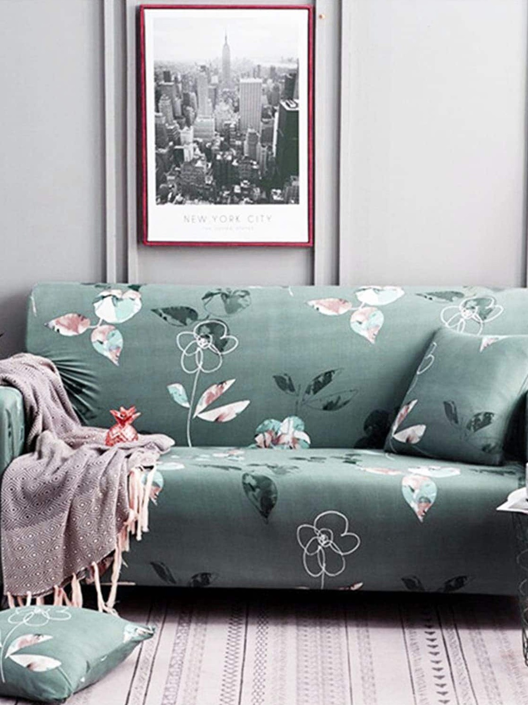 

HOUSE OF QUIRK Green & Blue Floral Printed Stretchable 4-Seater Sofa Slipcover