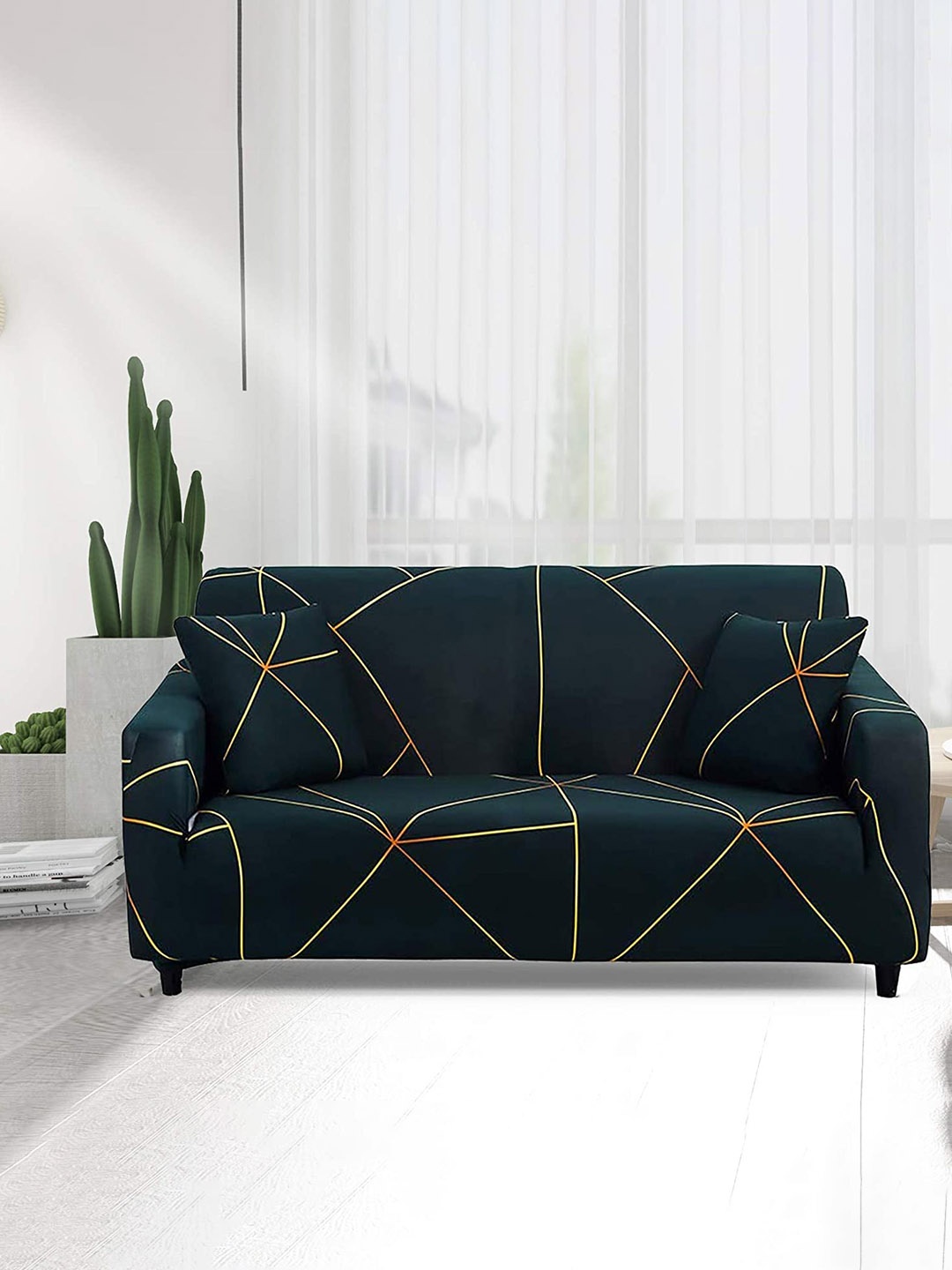 

HOUSE OF QUIRK Gold-Toned & Green Printed Single Seater Sofa Slipcover