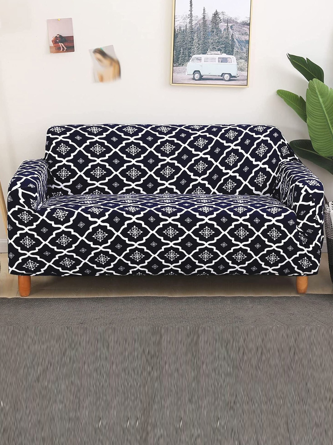 

HOUSE OF QUIRK Blue & White Printed Stretchable 2 Seater Sofa Slipcover