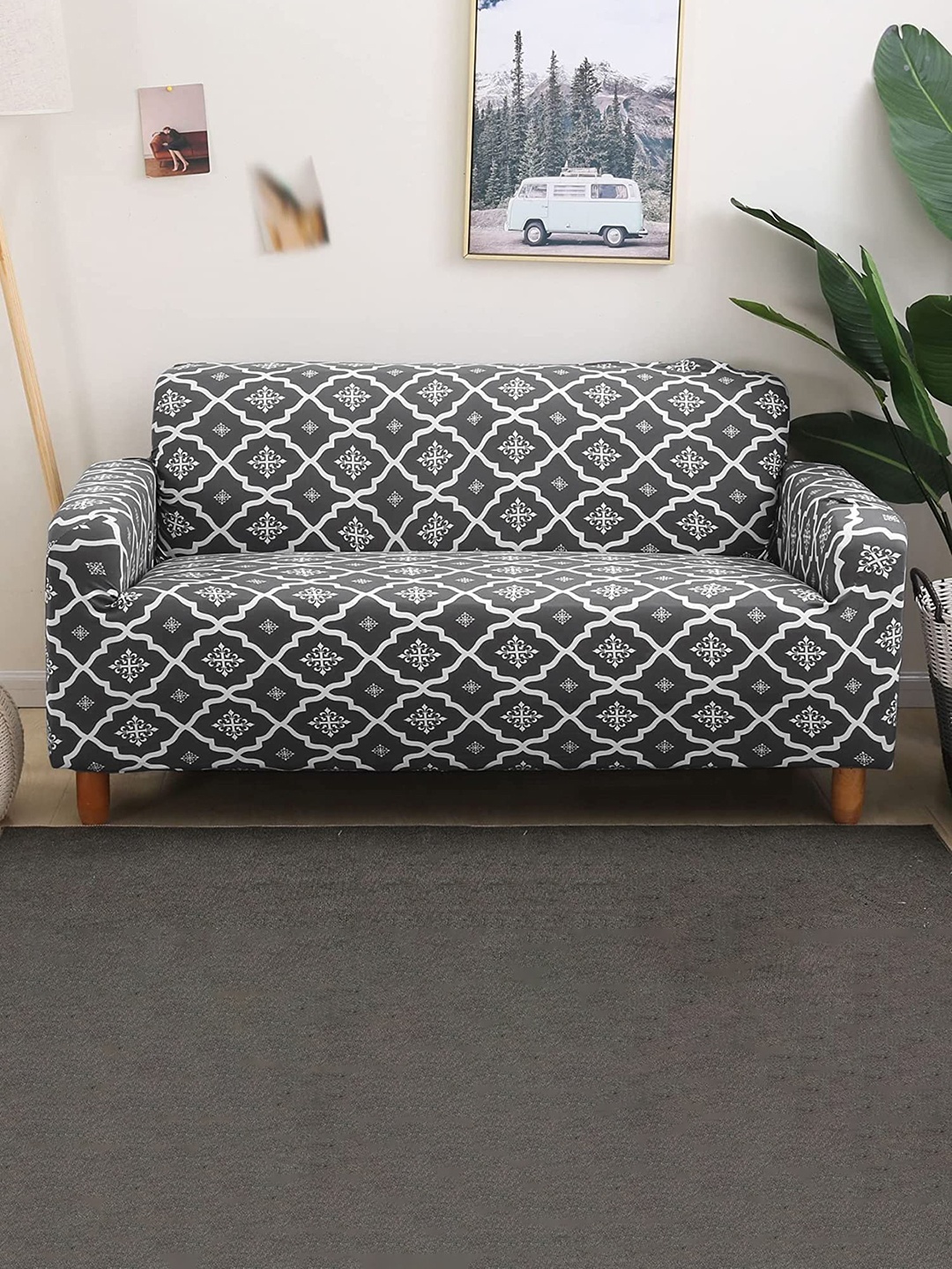 

HOUSE OF QUIRK Grey & White Printed 2 Seater Sofa Slipcover