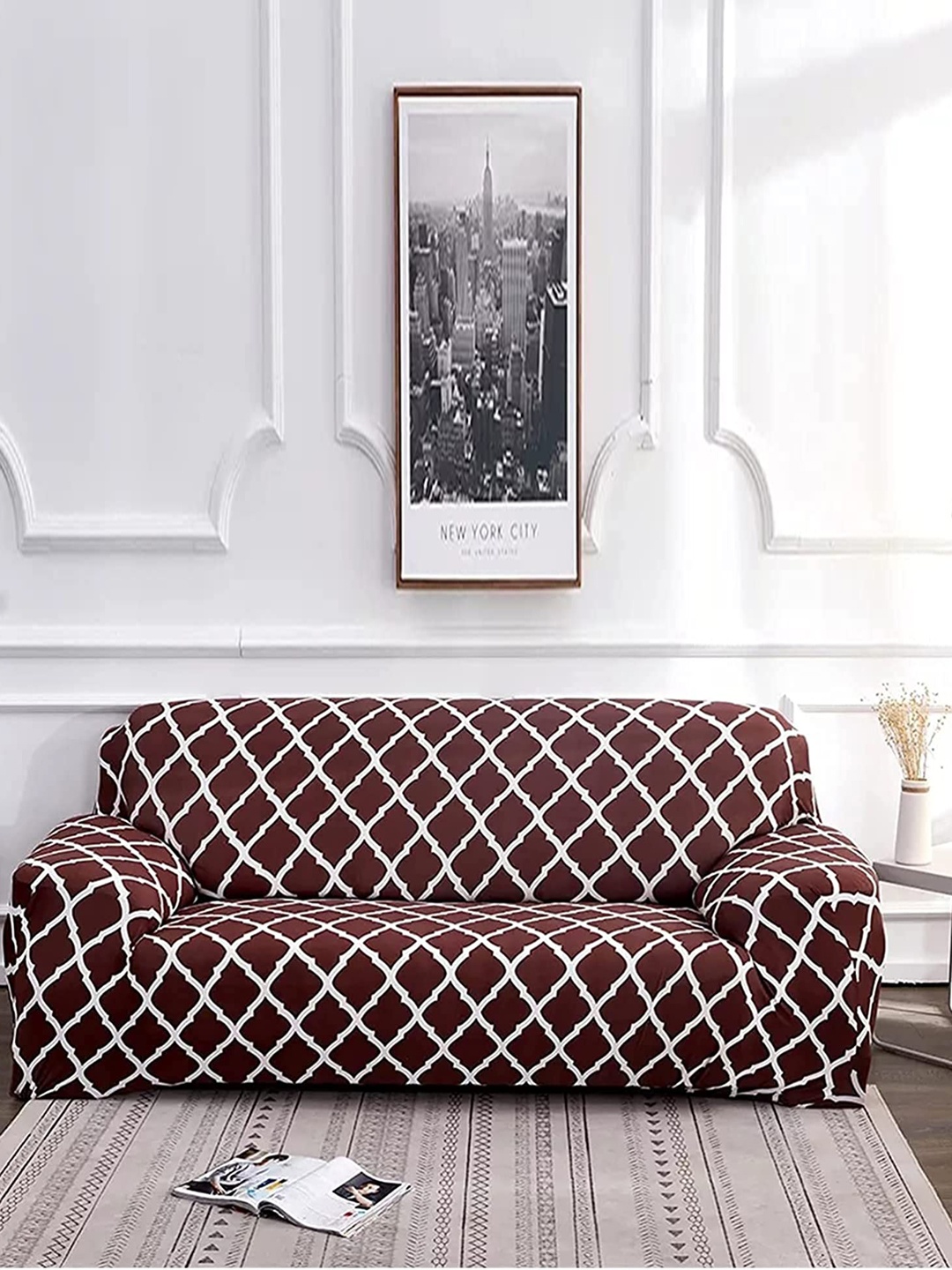 

HOUSE OF QUIRK Brown & White Printed Stretchable 3 Seater Sofa Slipcover