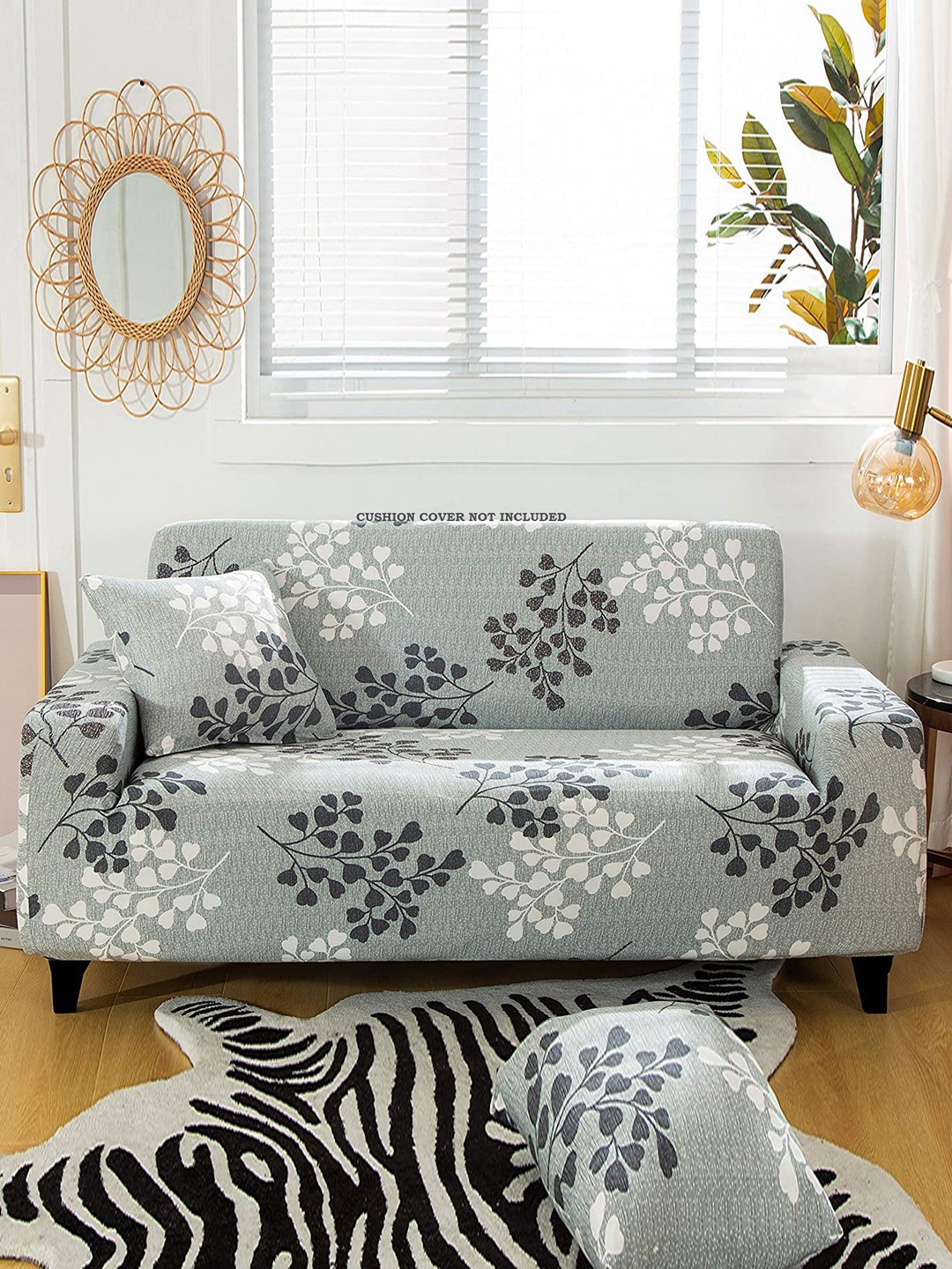 

HOUSE OF QUIRK Grey & Black Floral Printed 4 Seater Sofa Slipcover