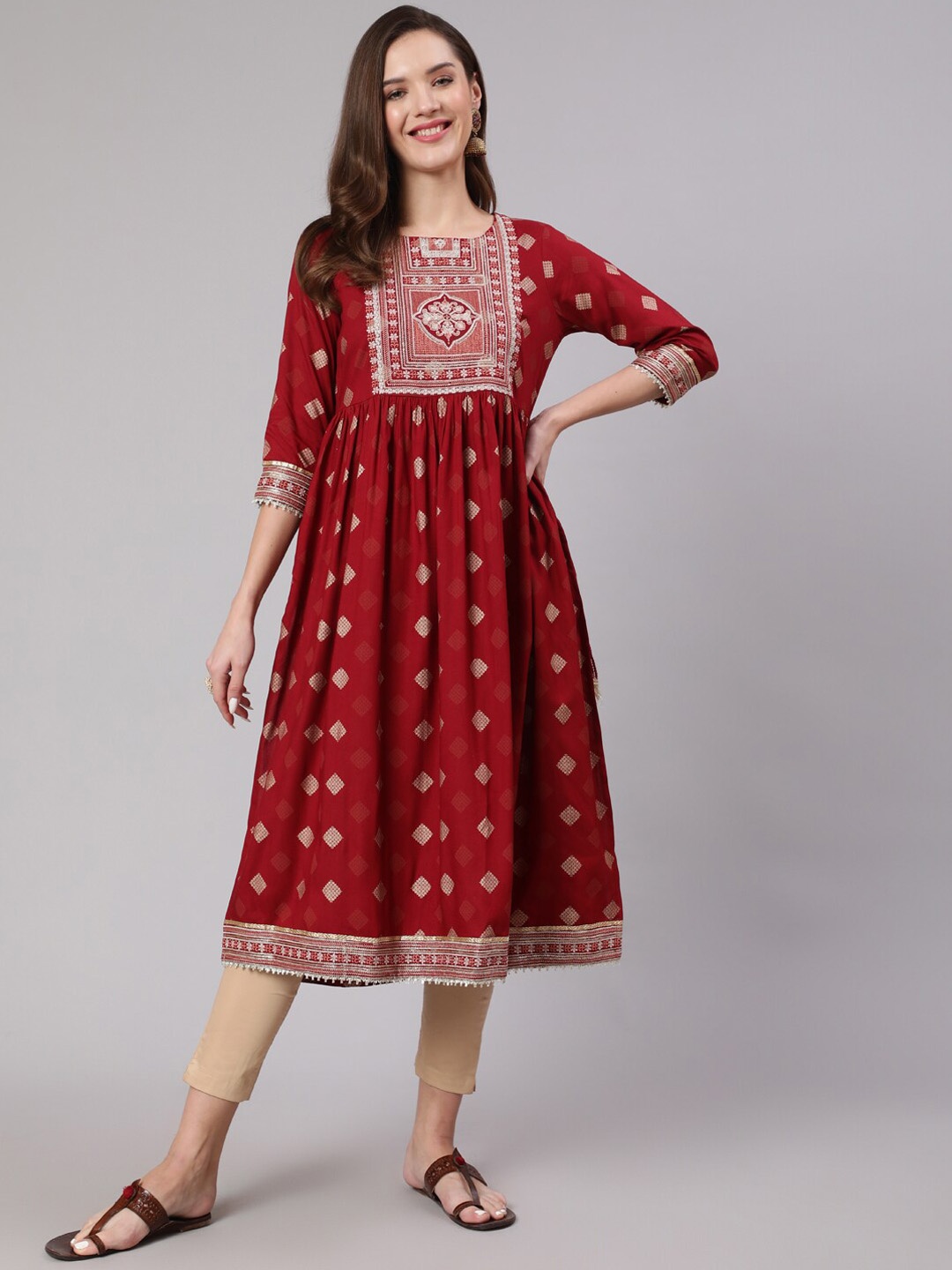 

KALINI Women Maroon Paisley Yoke Design Block Print Anarkali Kurta