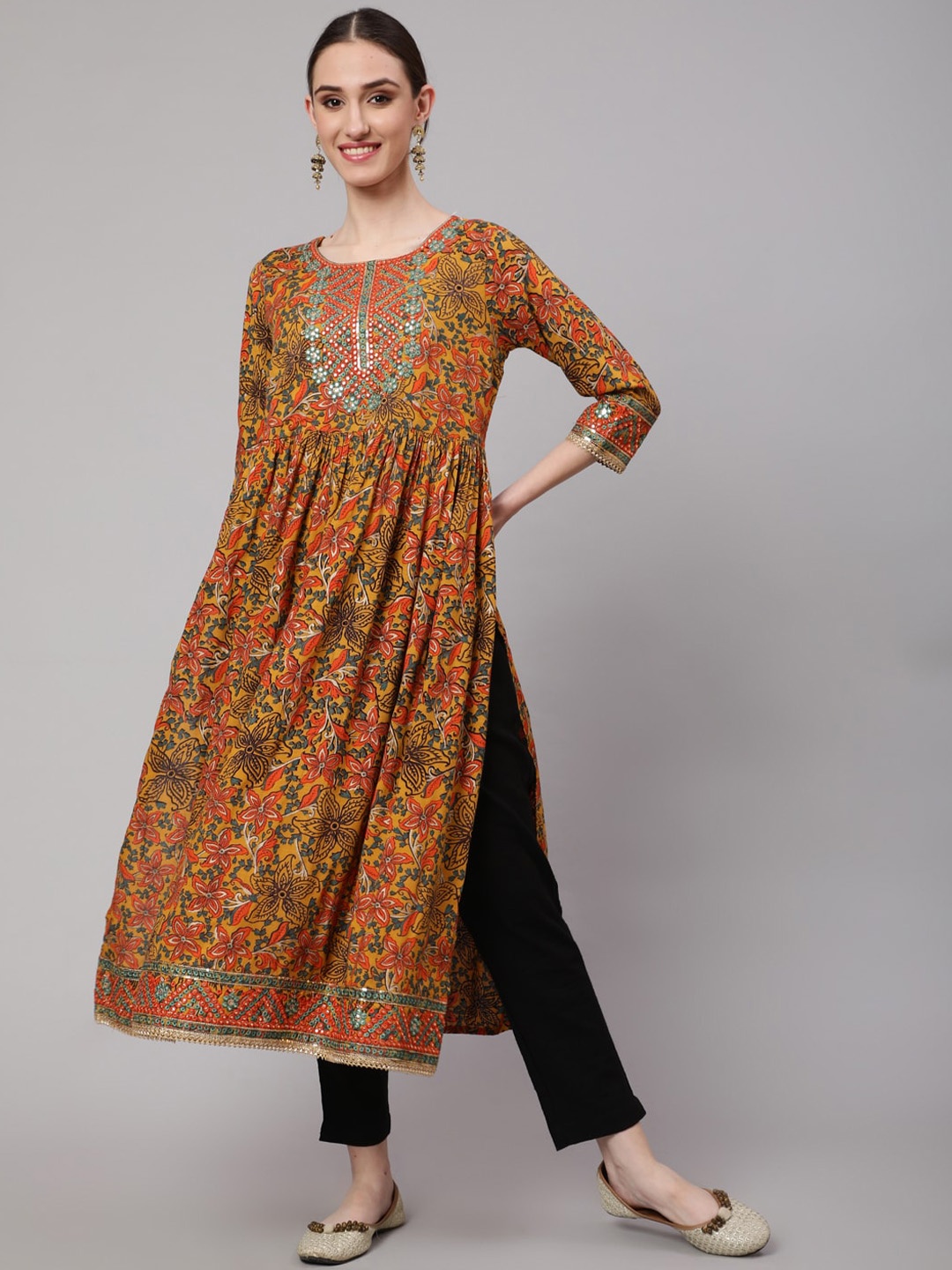 

KALINI Women Floral Printed Mirror Work Anarkali Kurta, Mustard