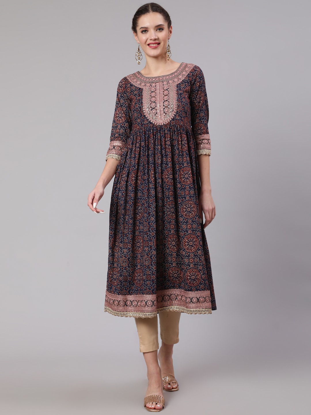 

KALINI Women Navy Blue Geometric Flared Sleeves Mirror Work Anarkali Kurta