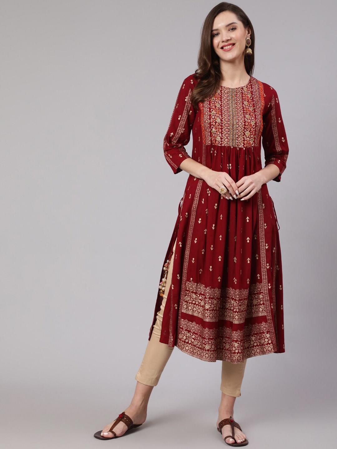 

KALINI Women Ethnic Motifs Printed Thread Work Anarkali Kurta, Maroon