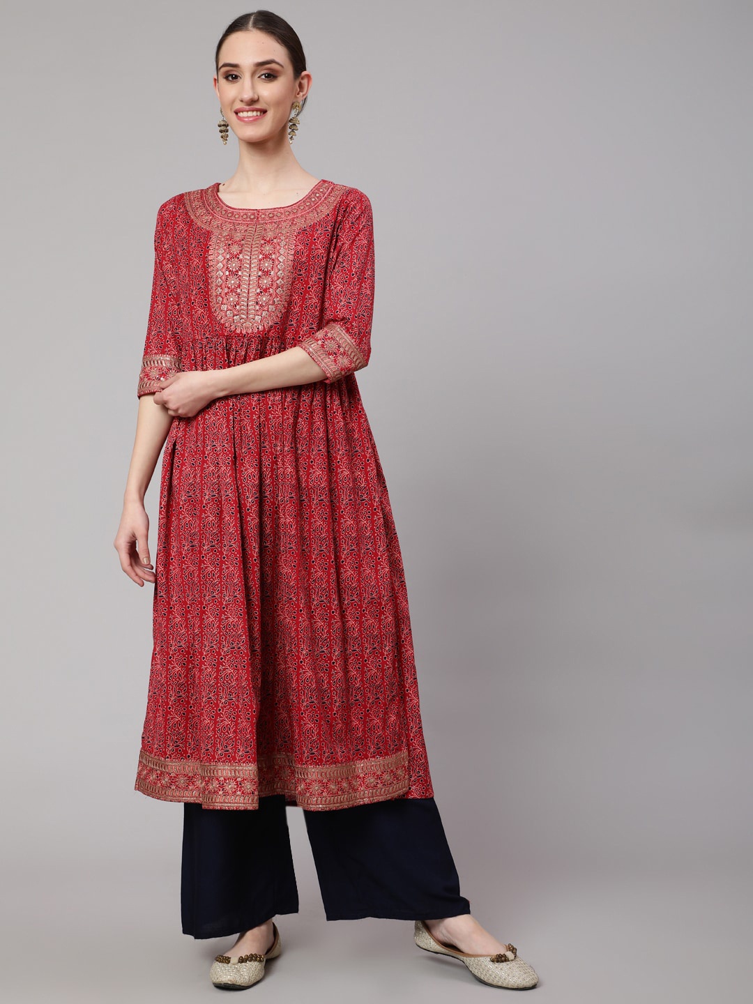 

KALINI Women Floral Printed Anarkali Cotton Kurta, Maroon