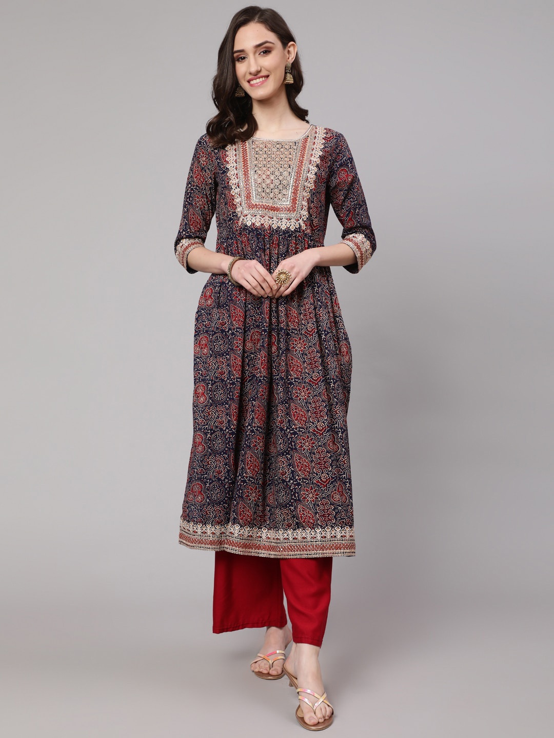 

KALINI Women Floral Printed Thread Work Anarkali Cotton Kurta, Navy blue