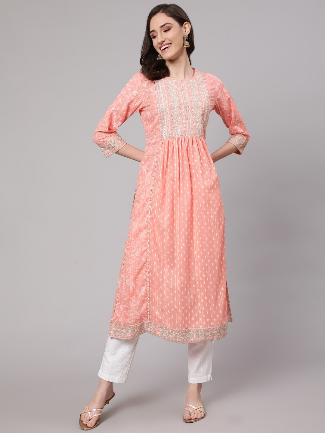 

KALINI Women Ethnic Motifs Printed Mirror Work Anarkali Cotton Kurta, Pink