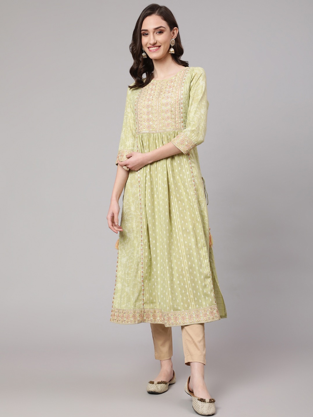 

KALINI Women Ethnic Motifs Printed Mirror Work Cotton Kurta, Green