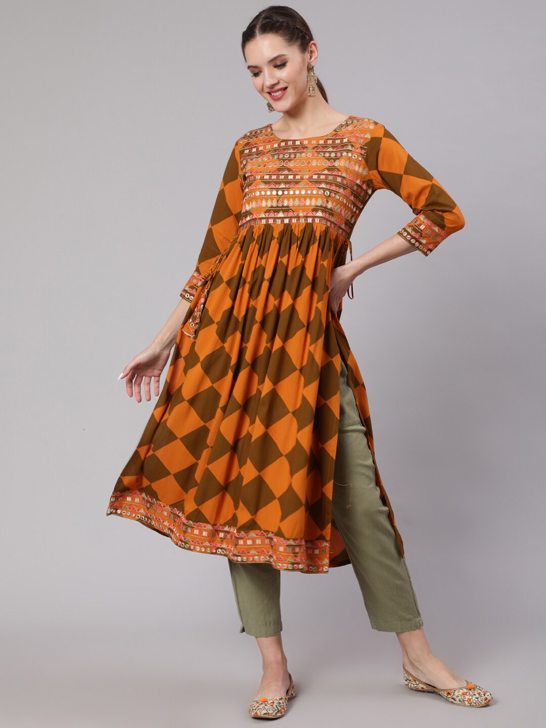 

KALINI Women Geometric Printed Thread Work Anarkali Kurta, Brown