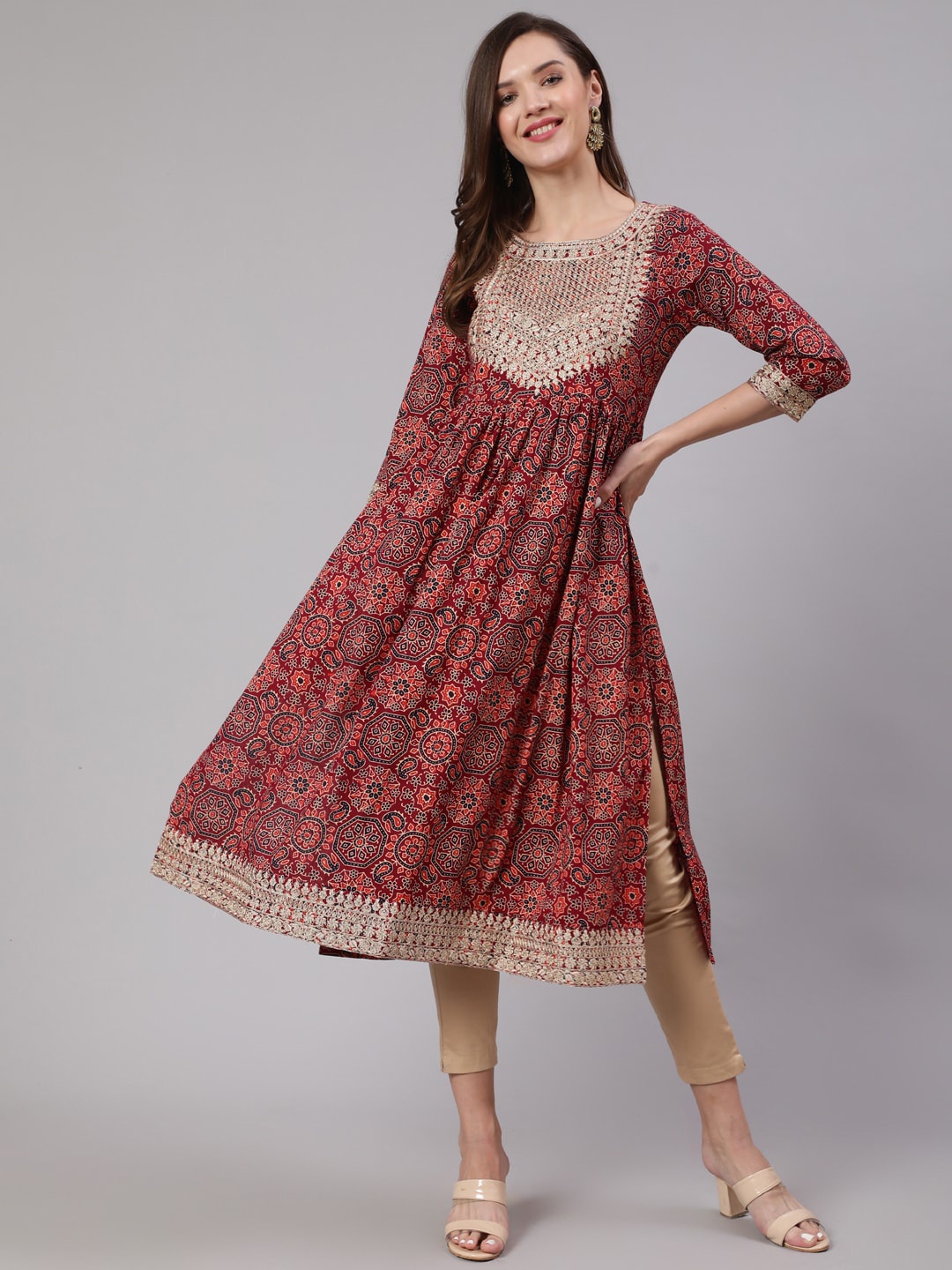 

KALINI Women Ethnic Motifs Printed Anarkali Cotton Kurta, Rust